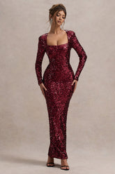 Port Sequin Square-Neck Long-Sleeve Maxi Dress
